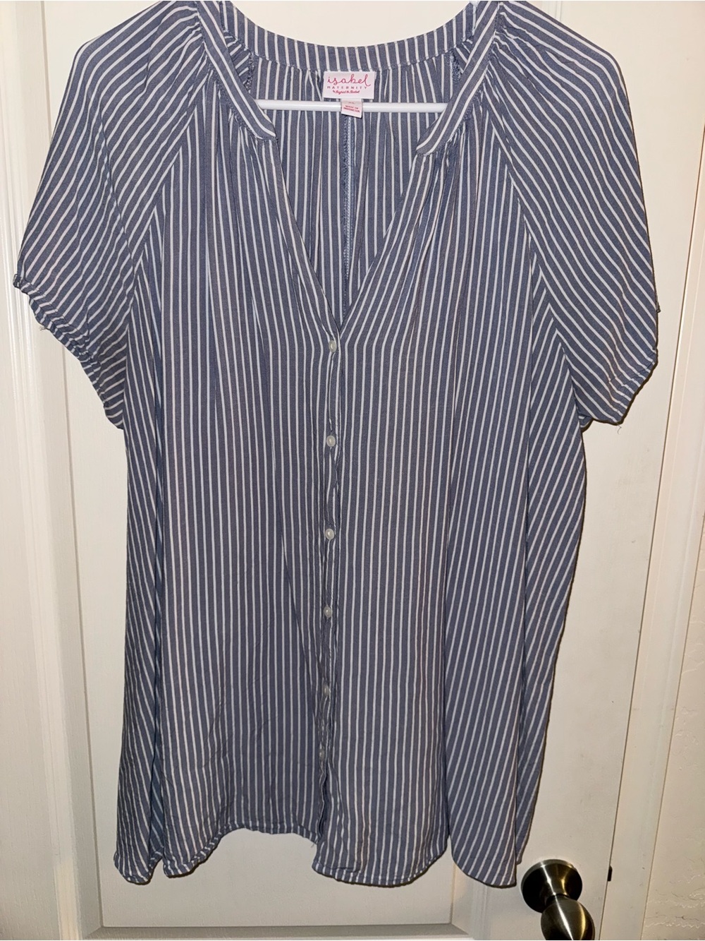 Maternity V neck Navy and White Vertical Stripe Button-Down Shirt